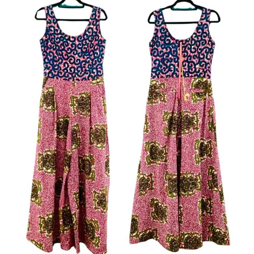 Hot Pink, Blue, Green Ankara Print Wide-Legged Sleeveless Cotton Jumpsuit (M)